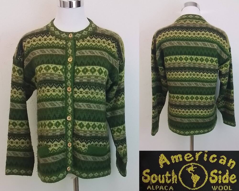 American South Side Alpaca Sweater Women's M Peru Green Geometric Pattern #J3434